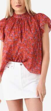 Birds of Paradis by Trovata Carla Ruffle High Neck Floral Blouse in Hibiscus